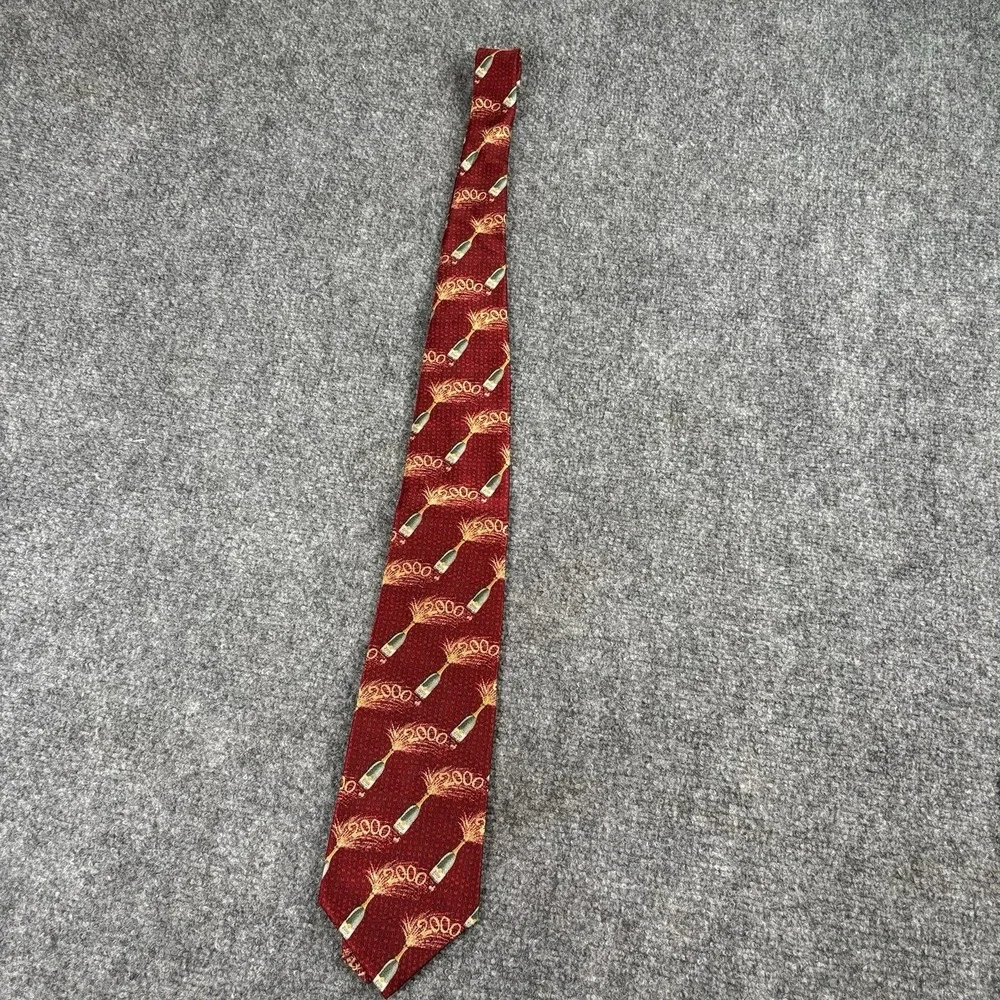 Vintage Y2K Jos A Bank Tie Men Red Silk Millennium 2000 New Year's Champagne USA
